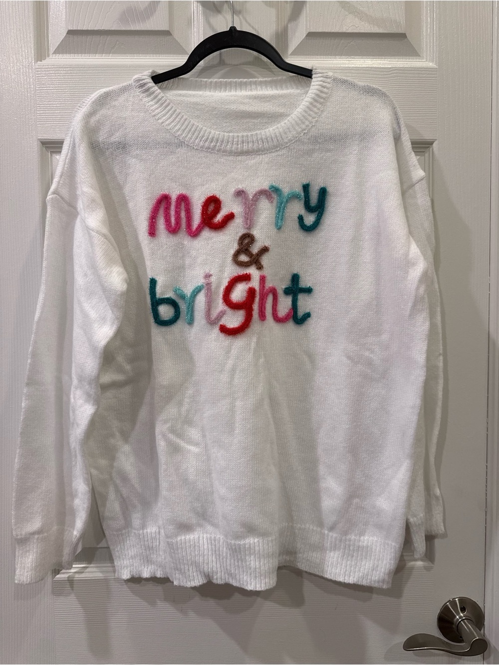 White 'Merry & Bright' Embroidered Holiday Crew Neck Sweater